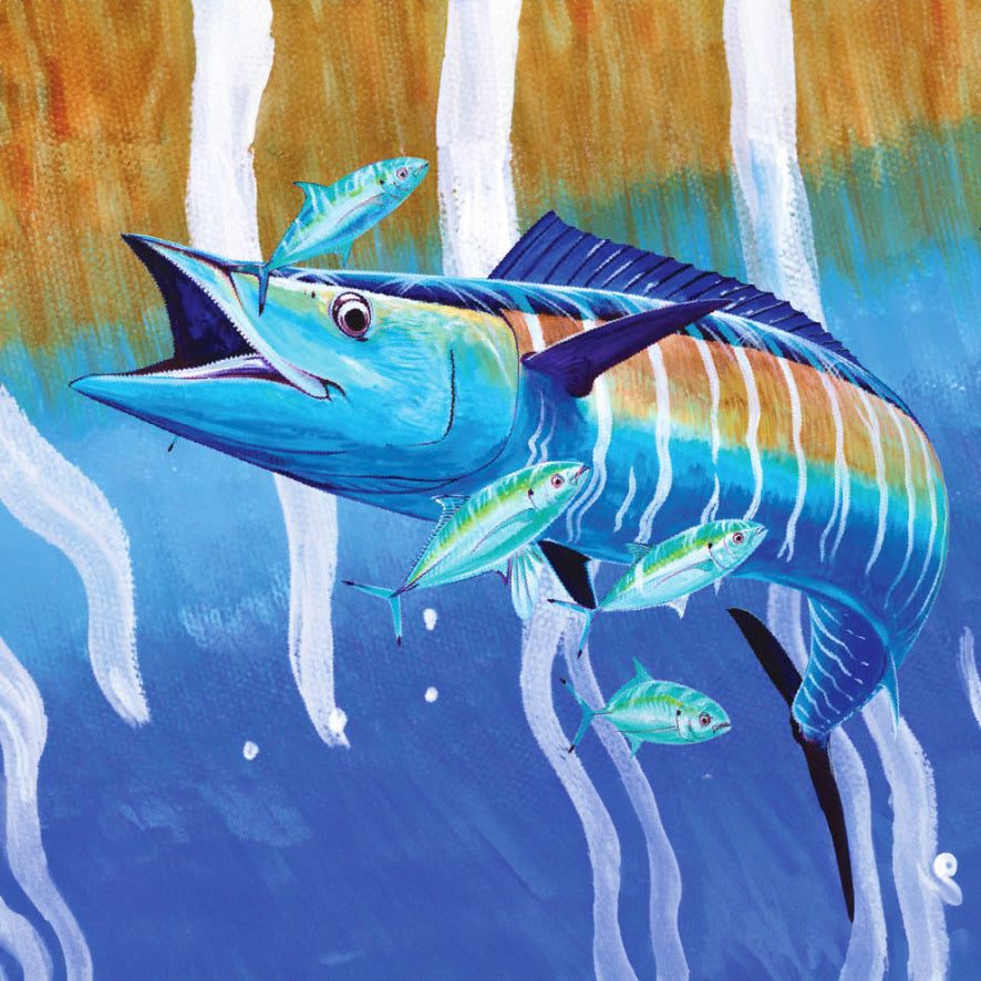 Colorful illustration of a marlin with smaller fish around it in a blue and orange underwater setting.