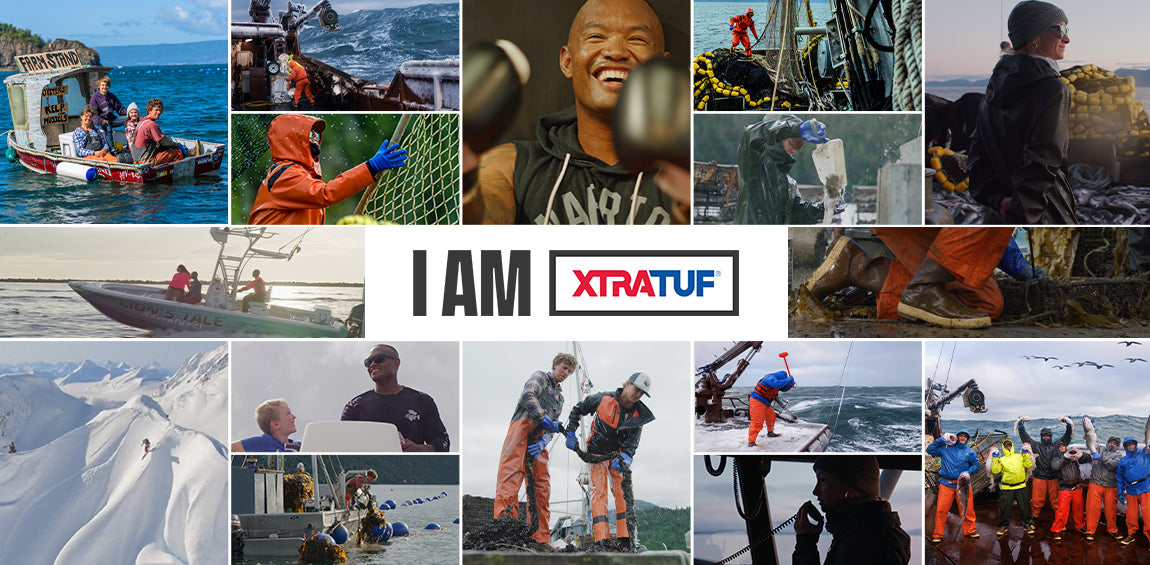 Collage of people in various outdoor settings with Xtratuf branding.