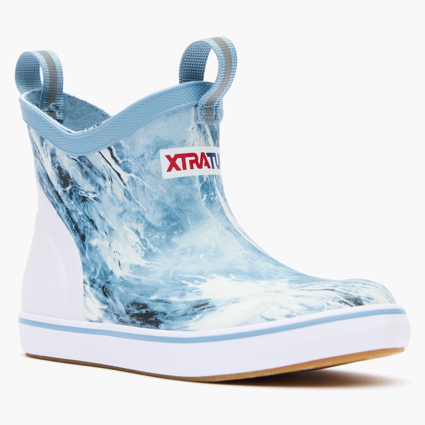 Blue and white rain boot with Xtratuf logo on a white background