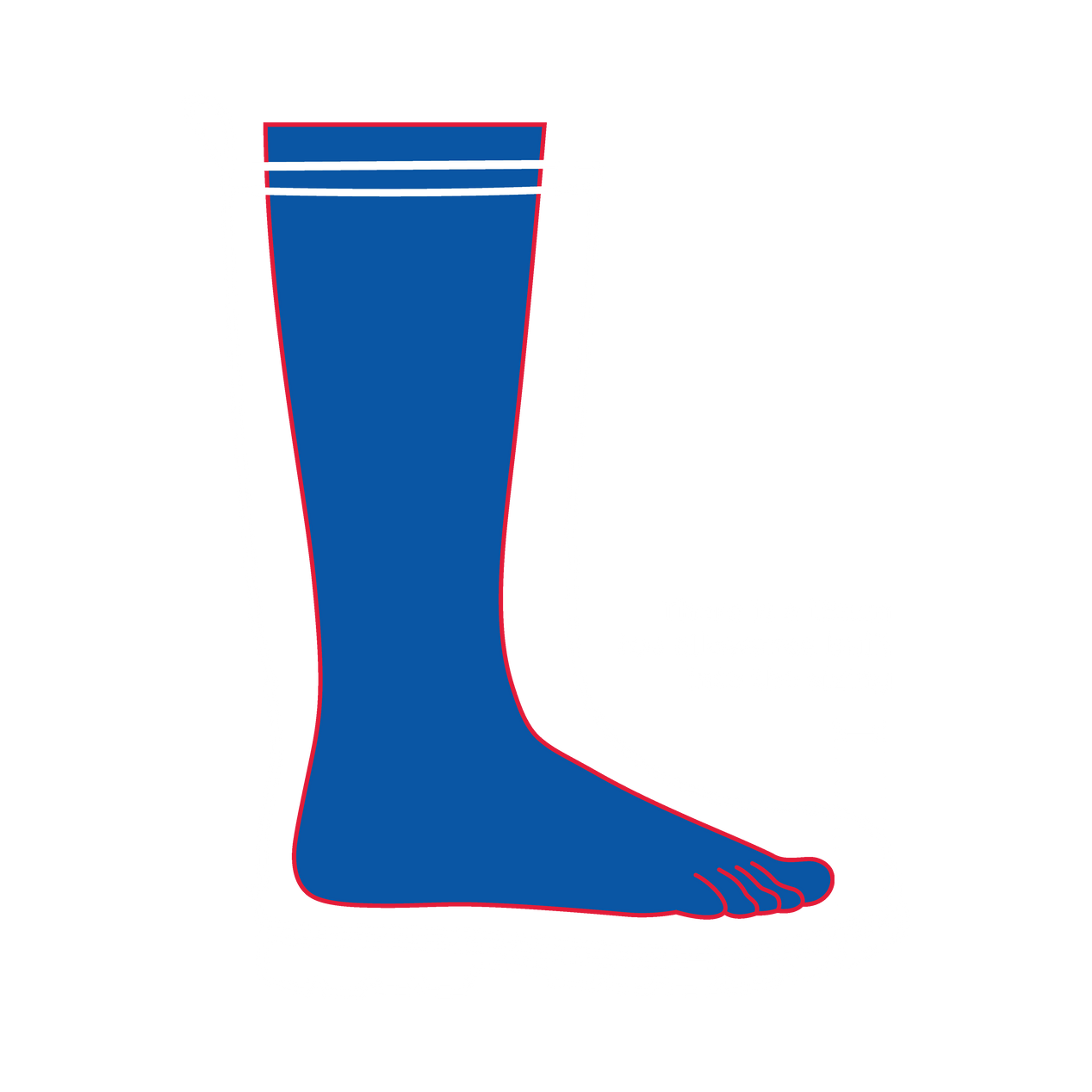 Blue knee-high sock with white stripes on a white background