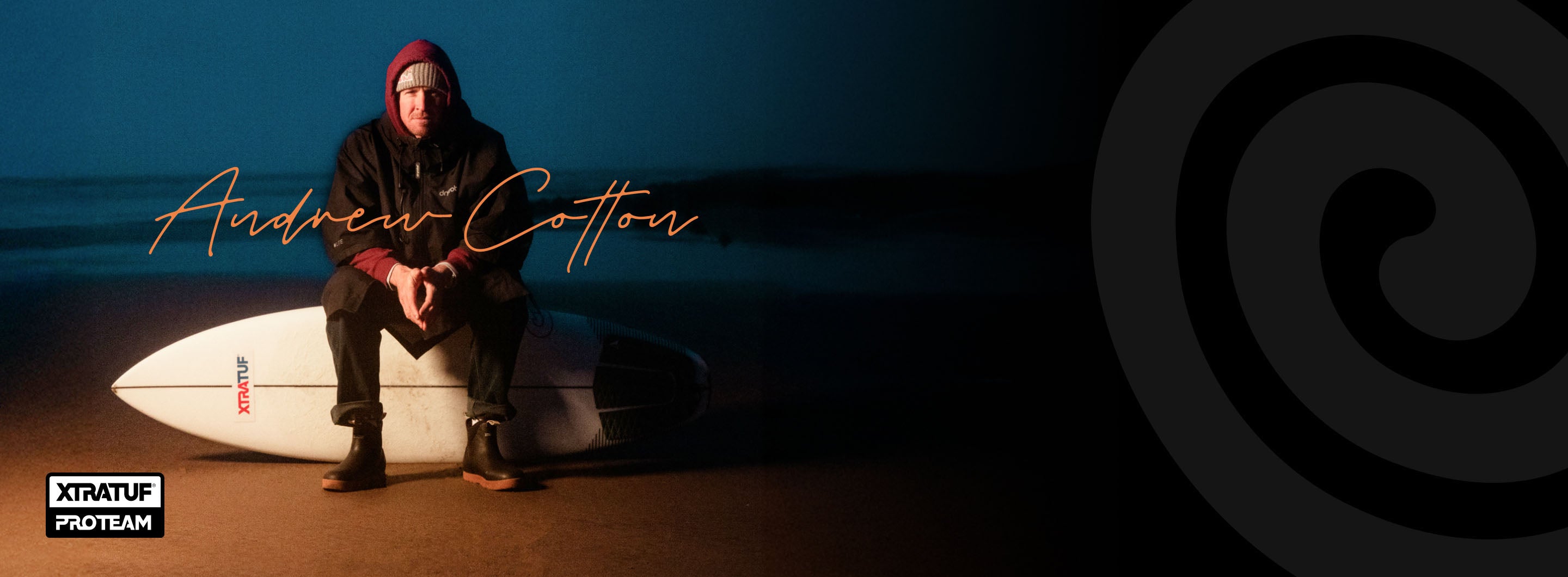 Person sitting on a surfboard with 'Andrew Cotton' branding, Xtarif Pro Team logo, and dark background.