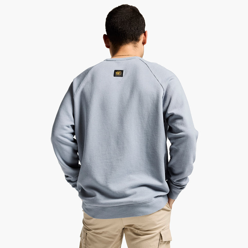 Person wearing a gray sweatshirt with a logo on the back, standing against a white background
