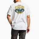 Person wearing a white t-shirt with a fishing club graphic on the back