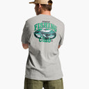 Man wearing a gray t-shirt with a fishing club graphic on the back, standing against a white background.