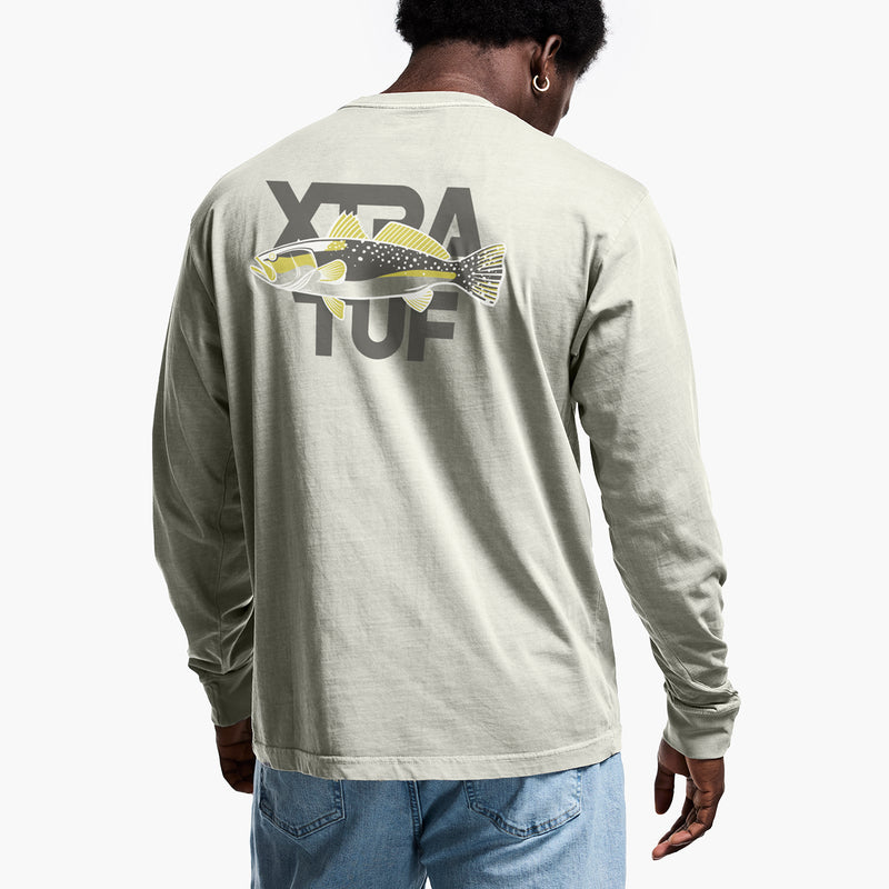Person wearing a long-sleeve shirt with 'Xtra Tuff' branding and a fish graphic on the back.