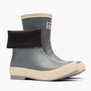 Gray rubber boots with beige soles and black elastic cuffs on a white background