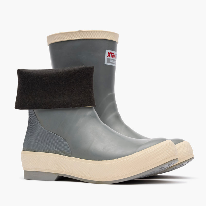 Gray rubber boots with beige soles and black elastic cuffs on a white background
